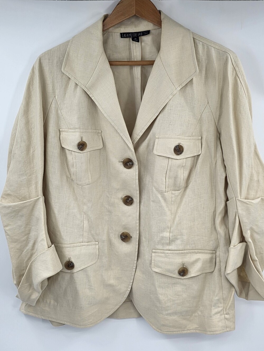 Lafayette 148 Tan 100% Linen 3 Button Blazer Jacket Women's Size 14
